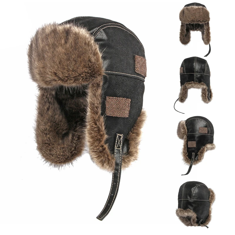 

Зимняя шапка для мужчин и женщин, шапка-Авиатор из искусственного меха, мягкая кожаная шапка для снега с ушами, Русская Шапка