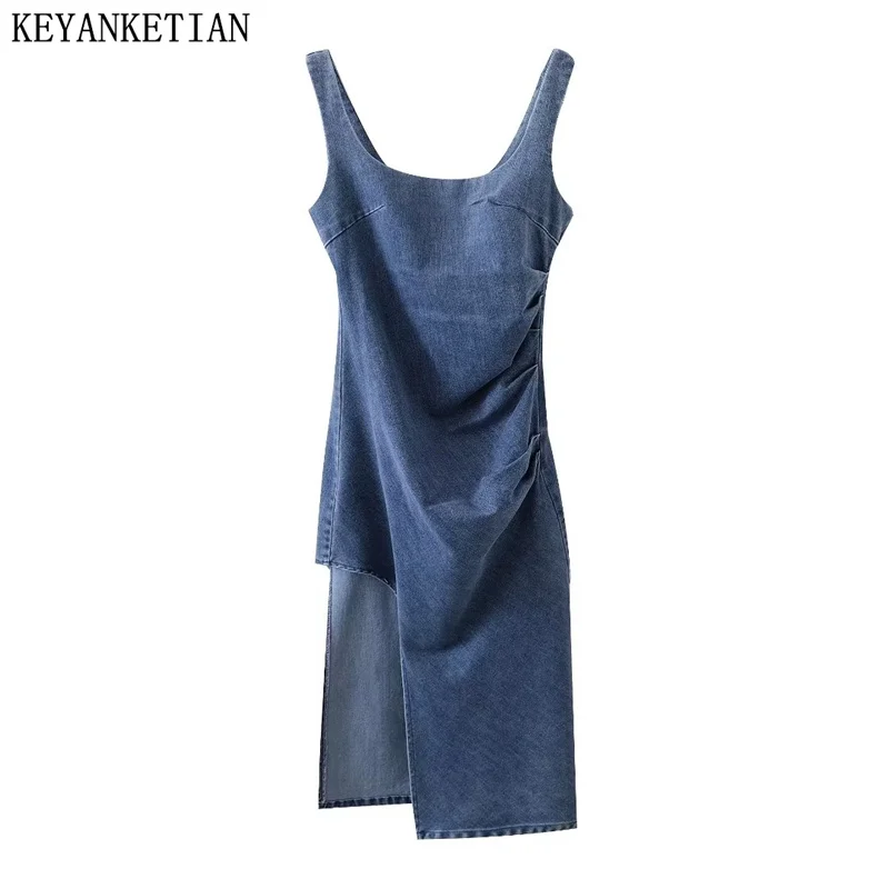 

Летнее Новое Плиссированное декоративное асимметричное джинсовое платье KEYANKETIAN с разрезом, женское облегающее платье миди без рукавов в стиле Хай-стрит