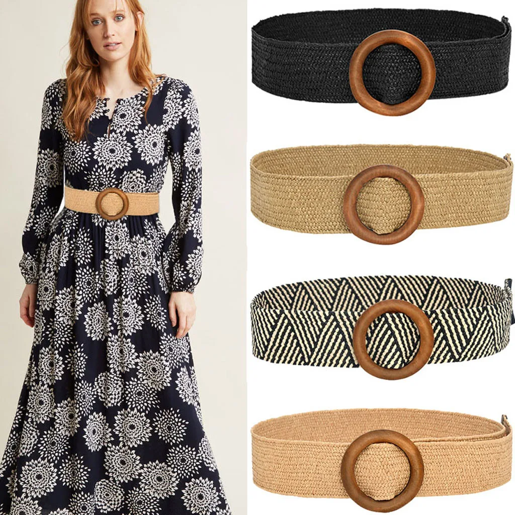 Fashion Design Round Wooden Buckle Dress Belt For Women Casual Braided Wide Strap Woven Elastic Straw Belts Decoration Gift @15