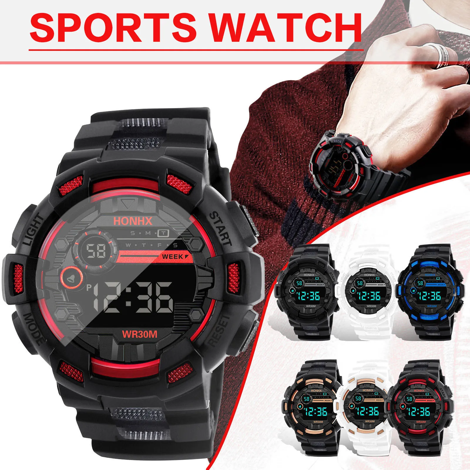 

Часы мужские многофункциональные электронные, модные крутые спортивные водонепроницаемые цифровые с четырьмя кнопками и будильником