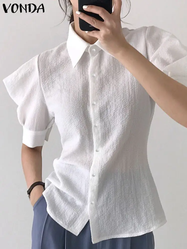 

Женская офисная блузка, Элегантная блузка VONDA 2022, женские рубашки с коротким рукавом, отложным воротником и пуговицами, повседневные топы, ж...