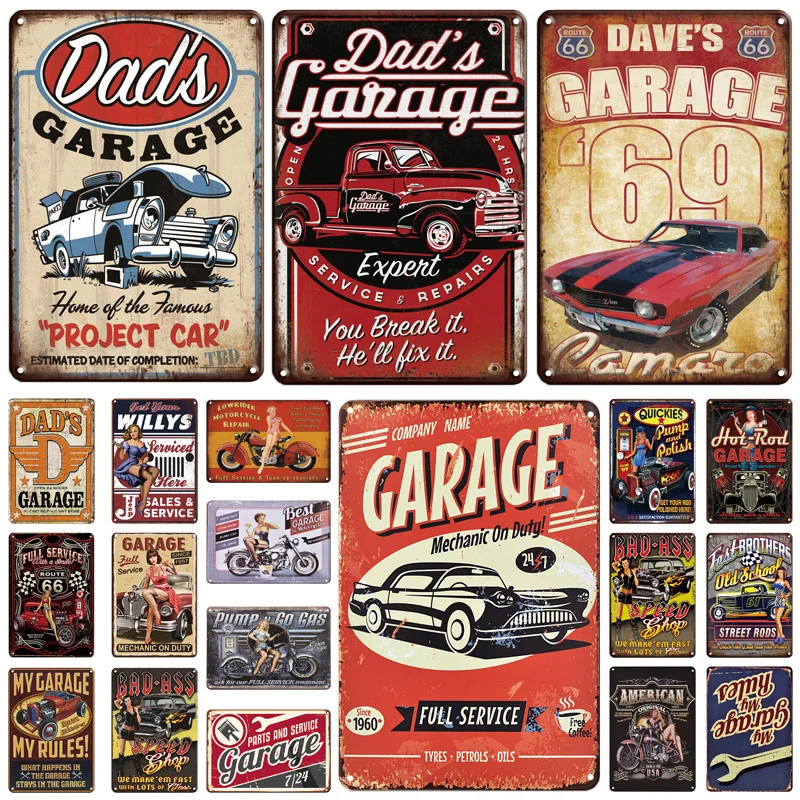 

Retro Vintage Metal Plate Dads Garage Pin Up Sexy Girl Tin Signs My Rules Plaque For Workshop Man Cave Garage Pub Wall Decor