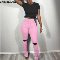 fagadoer casual sporty skinny pants women solid color hole bodycon stacked trousers fall winter high waist streetwear sweatpants