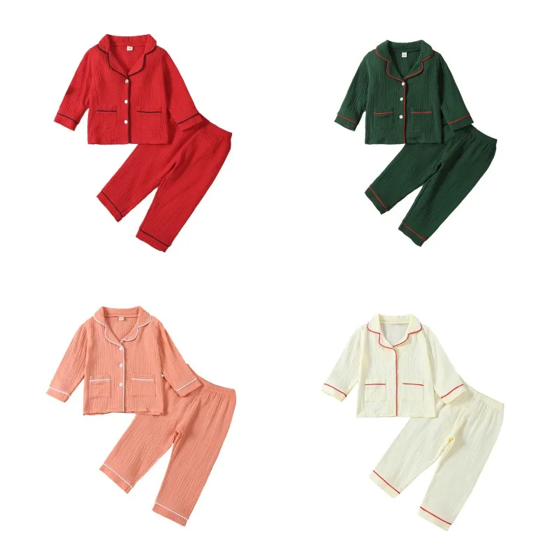 

Baby Girls Boys Christmas Pajamas Sets Autumn Contrast Color Toddler Long Sleeve Lapel Tops + Elastic Waist Pants Homw Sleepwear
