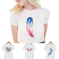 t shirt women 2022 summer harajuku round neck short sleeve tshirts feather print breathable tops casual all match clothing tees