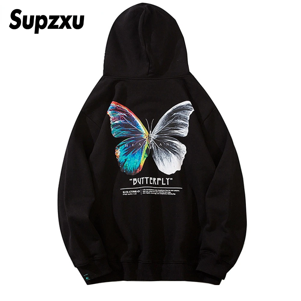 Supzxu Butterfly Print Hoodies Sweatshirts Streetwear Hip Hop Harajuku Casual Hooded Sweat Shirts Mens Fashion Pullover Tops