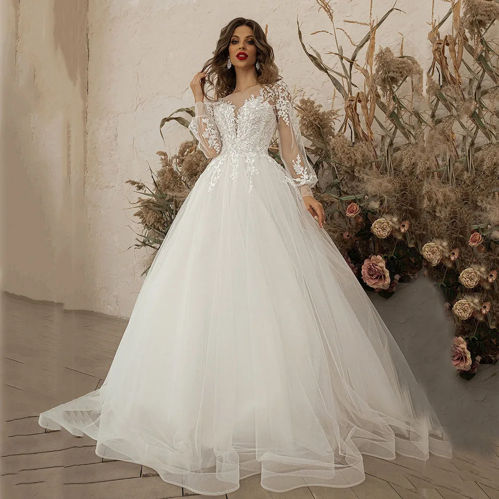 

Ruhair Attractive Puffy Sleeves Lace Up Beading Luxury Wedding Dresses A-Line For Women Appliques Custom Made Vestidos De Novia