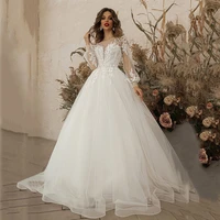 luxury wedding dress lace up exquisite appliques puff sleeve beading tulle buttons o neck mopping vestido de novia women