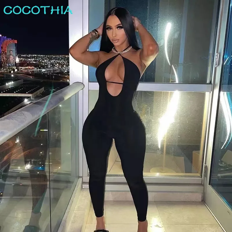 

COCOTHIA Spaghetti Strap Halter Lace Up Sleeveless Hollow Out Hip Jumpsuit Y2K Winter Sports Urban Leisure New Arrivals Romper