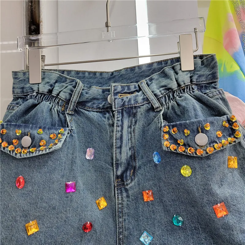 Women's Summer 2023 New Women's Short Pants Exquisite Rhinestone High Waist Slimming and Wide Leg Denim Shorts for Lady