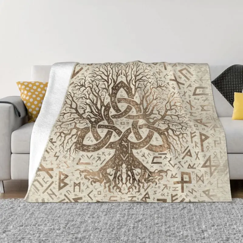 

Tree Of Life With Triquetra Futhark Pastel Gold Blanket Flannel Fleece Warm Vikings Norse Yggdrasil Throw Blankets Bedding Quilt