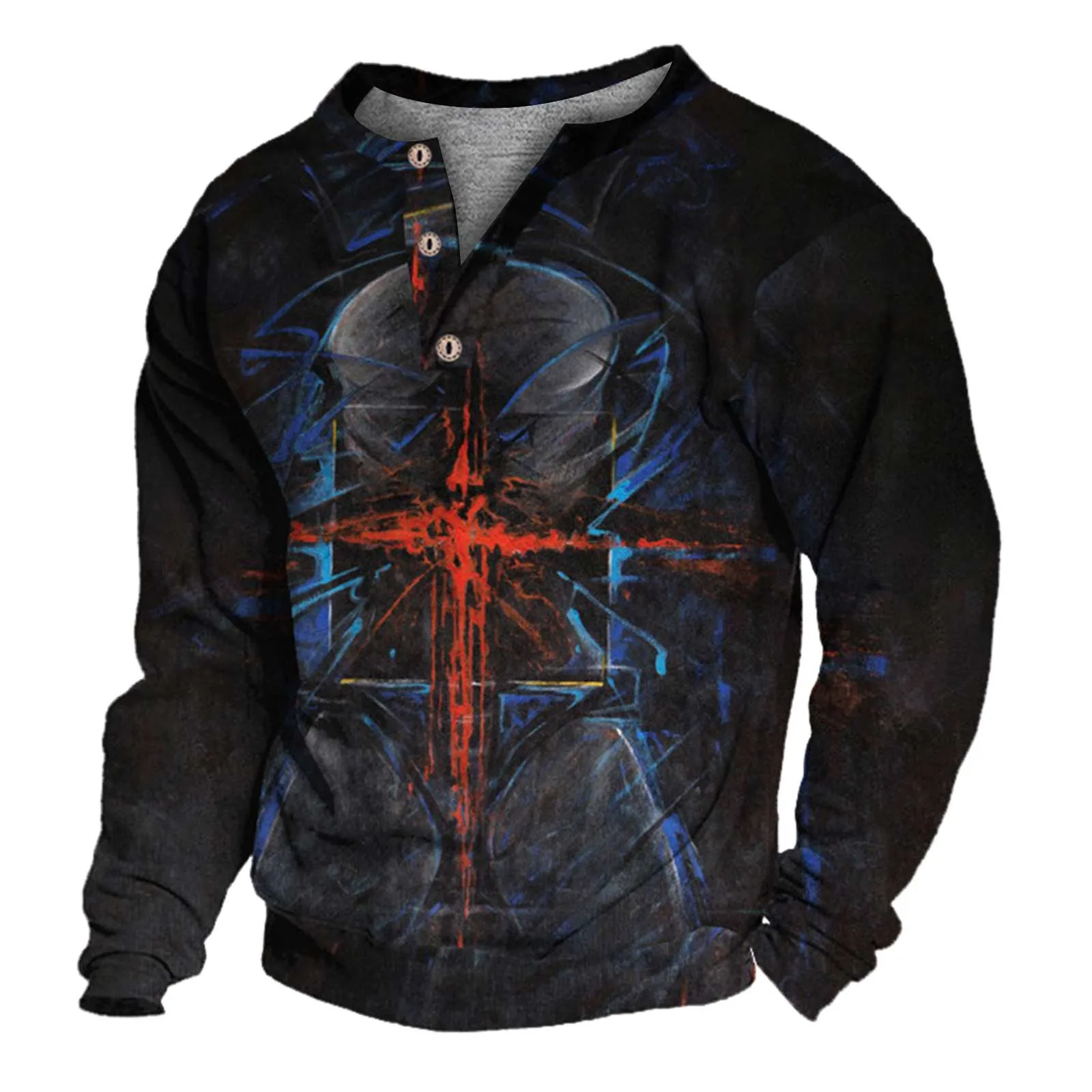 

Футболка мужская с этническим принтом, винтажная Свободная рубашка с перекрестным принтом, на пуговицах, с V-образным вырезом и длинным рука...