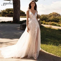2022 simple wedding dress tulle a line floor length v neck bridal gown appliques spaghetti straps elegant dress spilt vestido