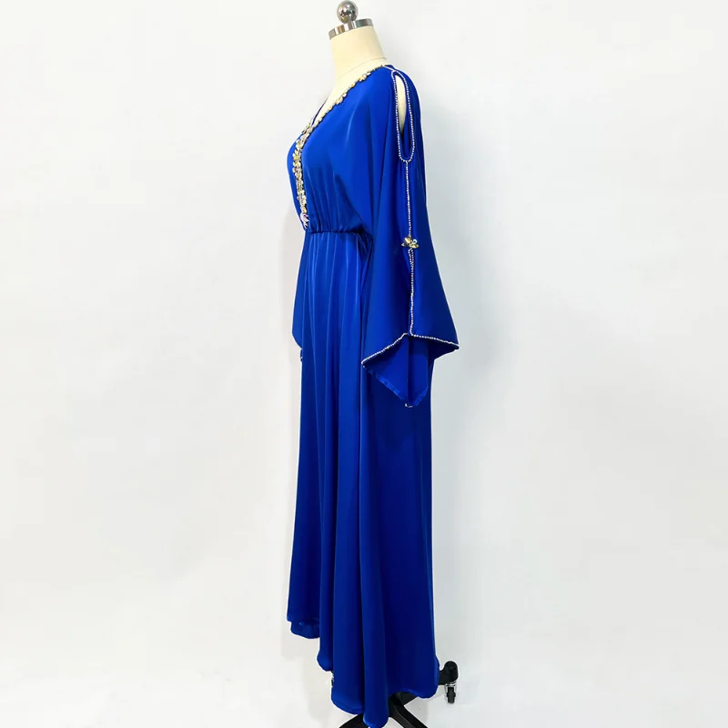 Moroccan Kaftan Luruxy Colored Rhinestones V Neck Off Shoulder Summer Long Dress Dubai Robe 2022 Gorgeous Vacation Gulf Abayas