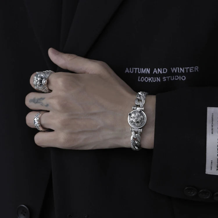 

Браслет LH серебристый в ретро-стиле, мужской модный грубый переводной Тигр с травой Тан и знаками Зодиака