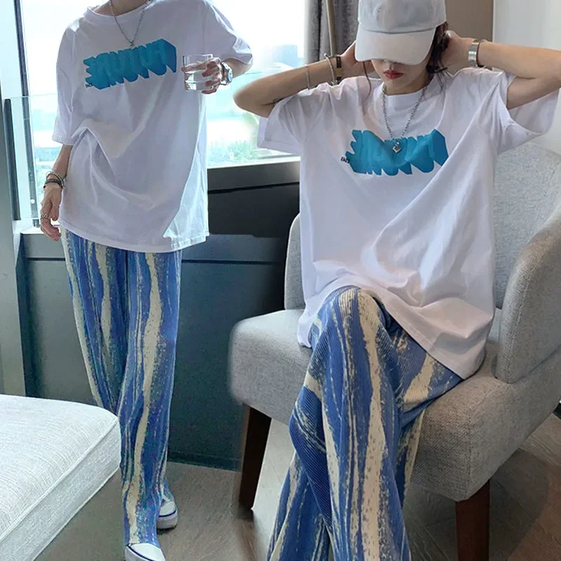 

Harajuku Tie-dyed Pants Women Casual Pants Oversized Wide Leg Trousers Korean Retro Teens Hip-hop High waist Straight Trouser