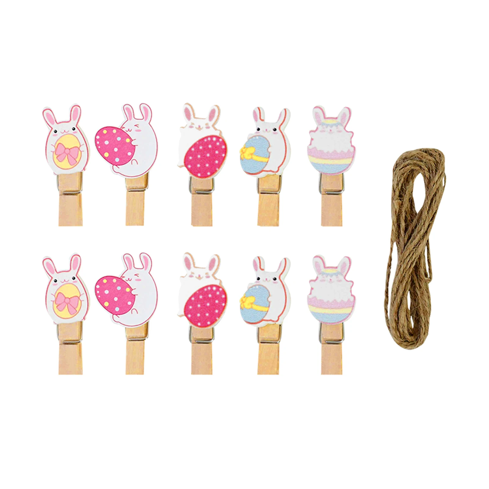 

10 Pieces Rabbit Eggs Wooden Photo Holder Easter Decor DIY Wood Nails with 2M Jute Rope for Hanging Photo Paper Memo Holder