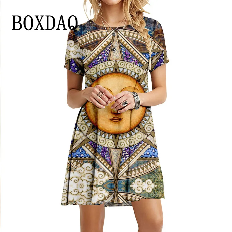 

Женское платье большого размера с принтом солнца лето 2022 милое забавное мини-платье с мультяшным принтом повседневное свободное платье тра...