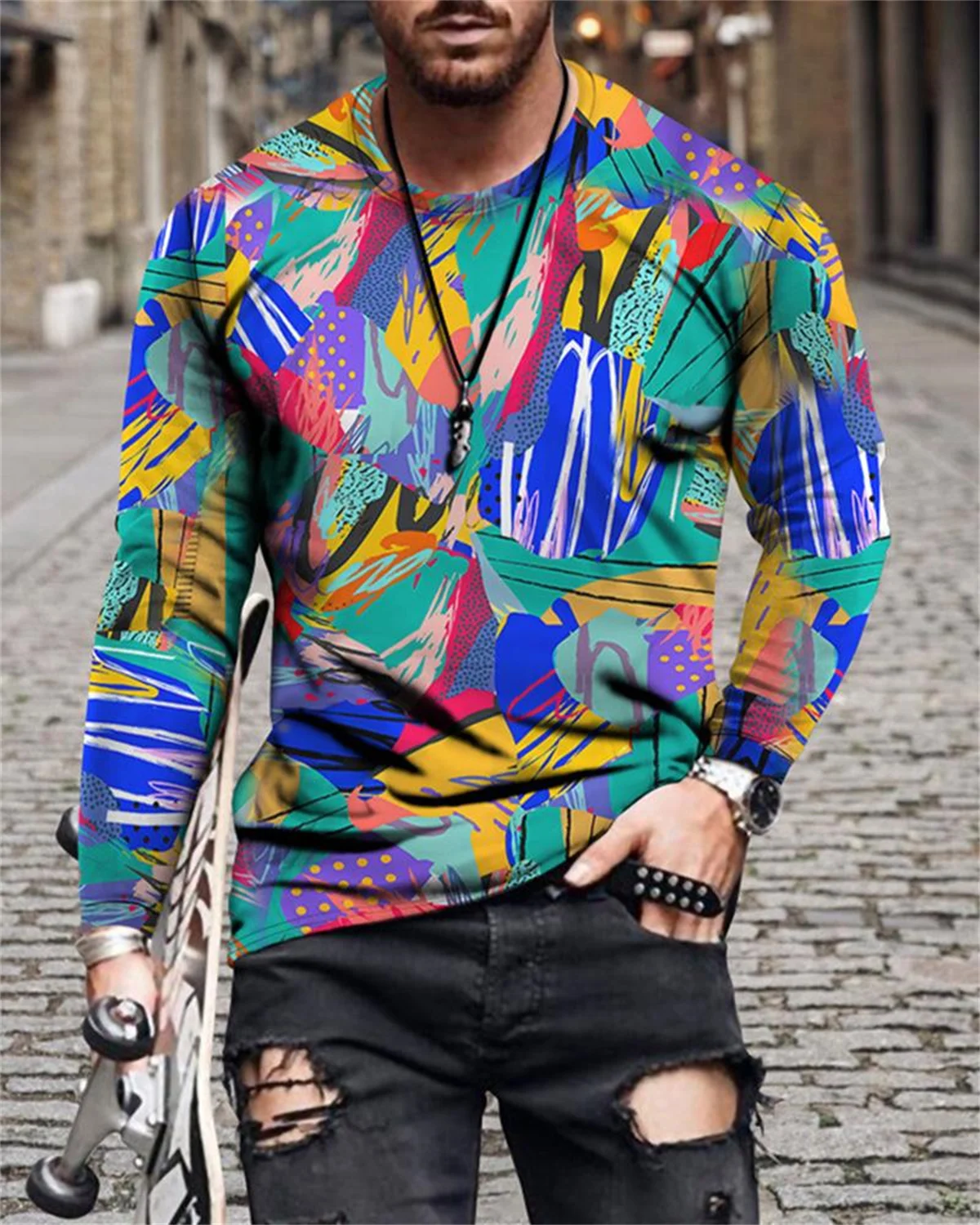 

Spring and Autumn Men's Trend Sports Casual Cool Men's 3d Printed Long Sleeve T-Shirt Skull Rider Street European and American S