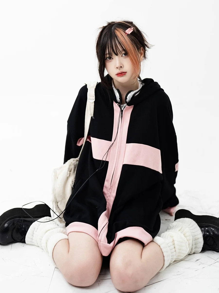 

Deeptown Harajuku Gothic Zip Up Hoodies Women Patchwork Hip Hop Hooded Sweatshirts Streetwear Sweet Y2k Coat Vintage Tops Female