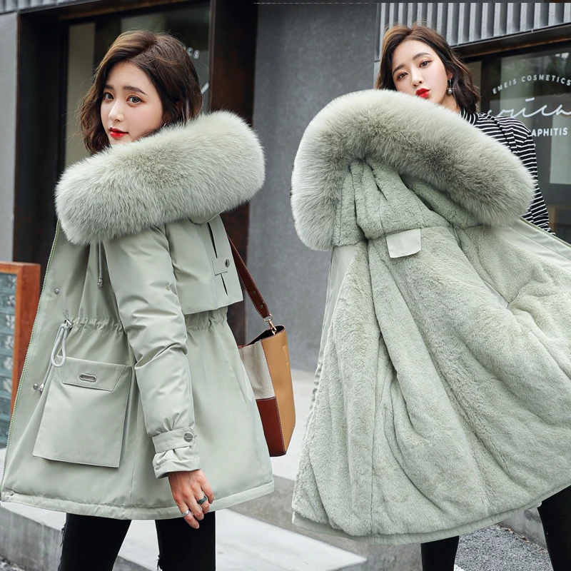 Winter New Parkas Thicken Warm Jacket Hooded Parka Coats Mujer Cotton Coat Women Casual Fur Lining With Pockets Big Fur Collar