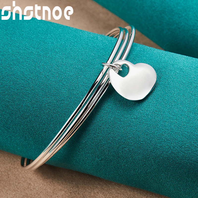 

SHSTONE 925 Sterling Silver Three Smooth Circle Heart Pendant Bangle For Women Engagement Wedding Party Birthday Charm Jewelry
