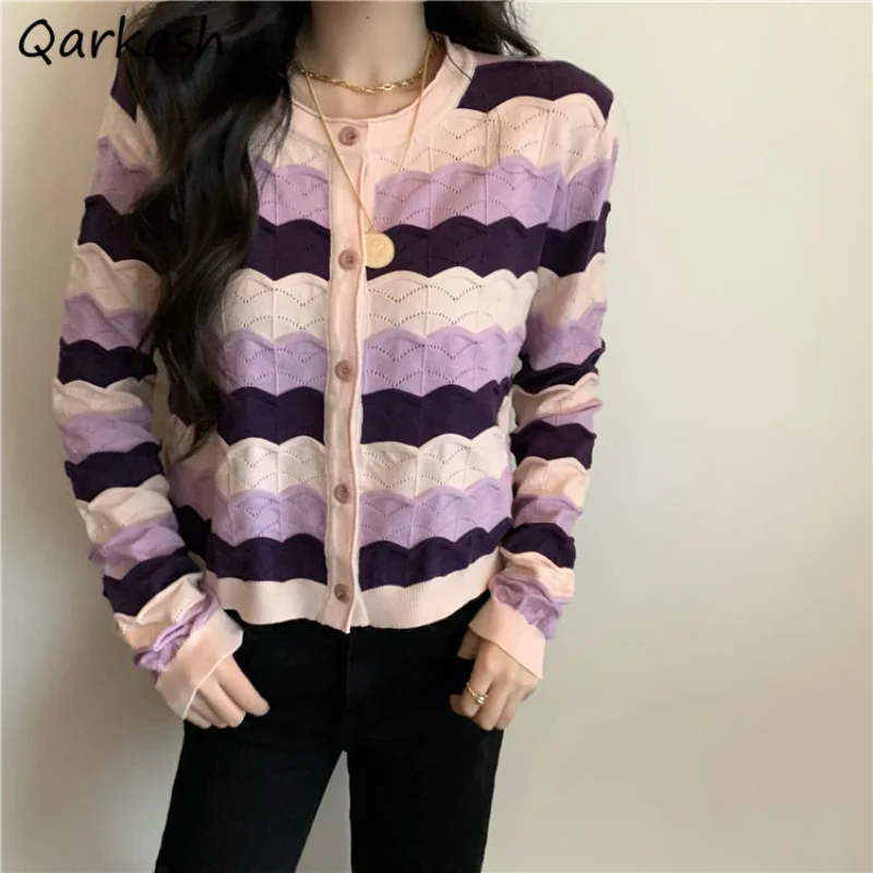 

Cropped Striped Cardigan Women Harajuku Long Sleeve Elegant Casual Sweaters Panelled Sweet Lovely Tender All-match Ulzzang Chic