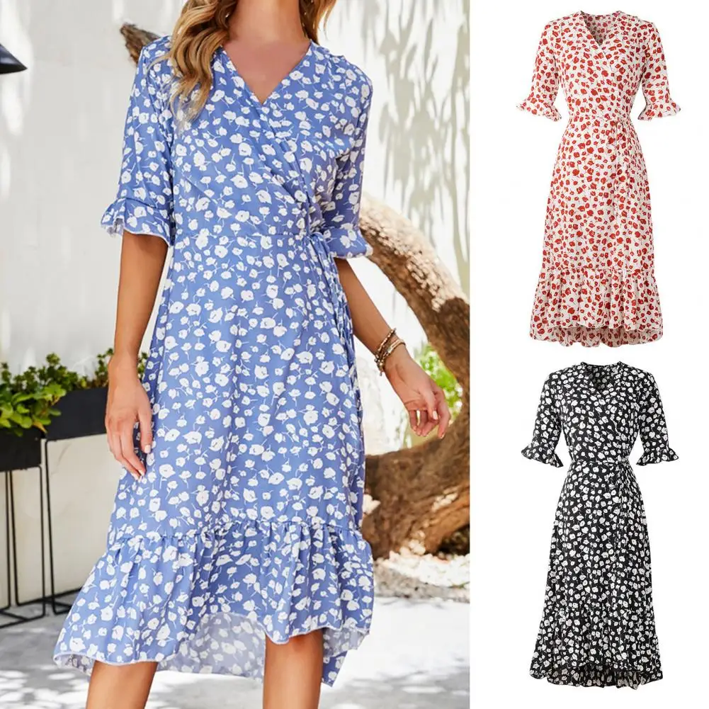 

2022 New Women V-neck A-Line Cross Lace-up Split Hem Casual Dress Flower Print Ruffle Short Sleeve Chiffon Dress Female Clothes