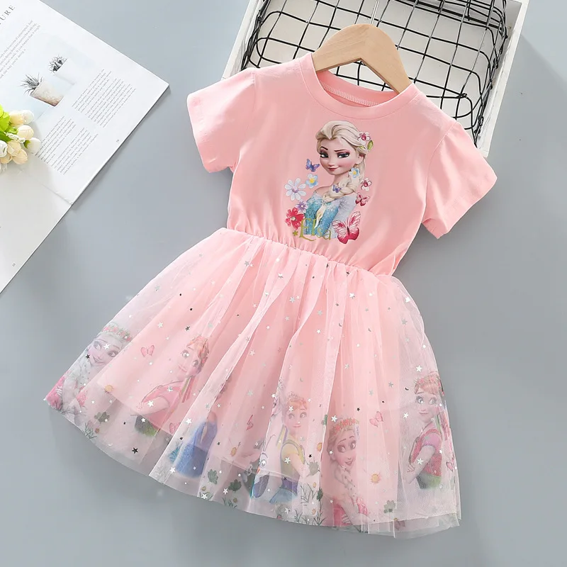 

Girls Clothes Summer Butterfly Floral Print Short Sleeves Princess Dress Frozen Elsa Trendy Mesh Lace Dresses for Children Kids