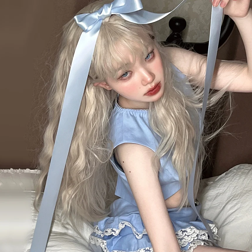 

GAKA White Blonde Synthetic Wig Bangs Natural Look Cosplay Party Hair Heat-Resistant Female Full Hood