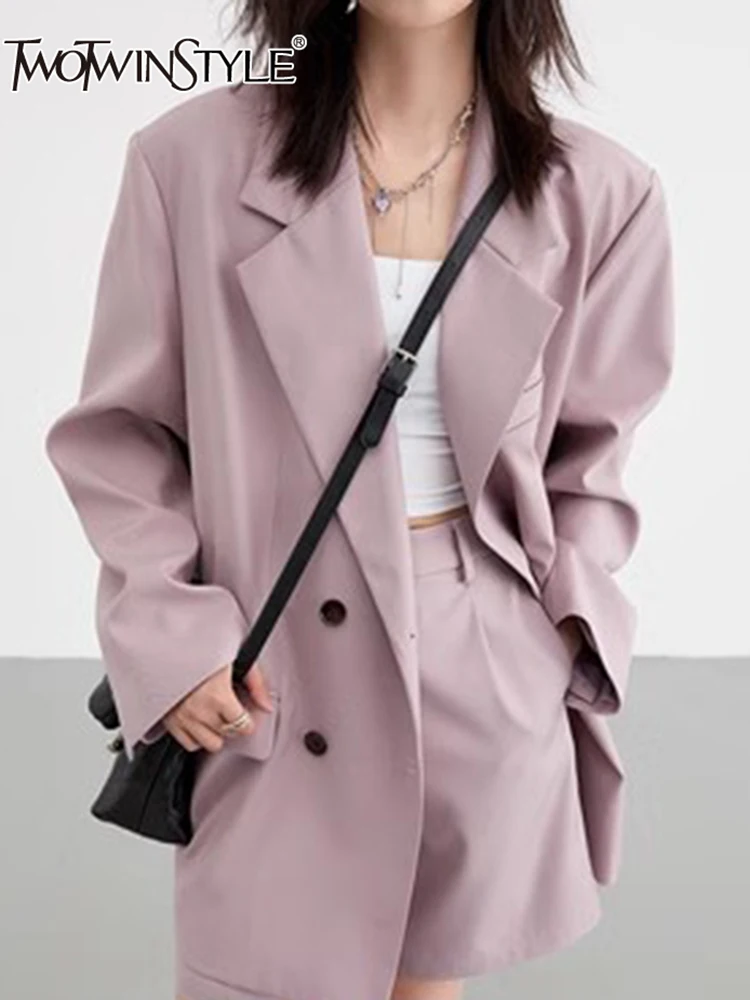 

TWOTWINSTYLE Solid Spliced Double Breasted Blazers For Women Notched Collar Long Sleeve Patchwork Pockets Loose Blazer Female