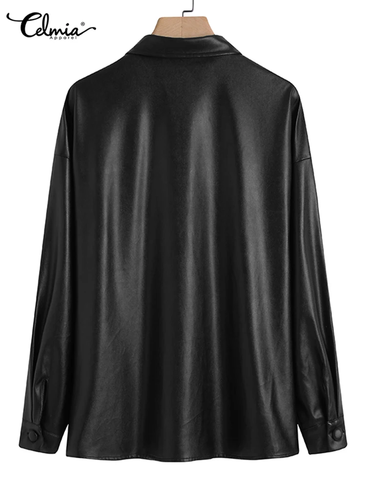 Womens Leather Jacket Autumn 2022 Thin Bomber Jacket Celmia Vintage Long Sleeve Coats Buttons Lapel Casual Solid Work Outerwear