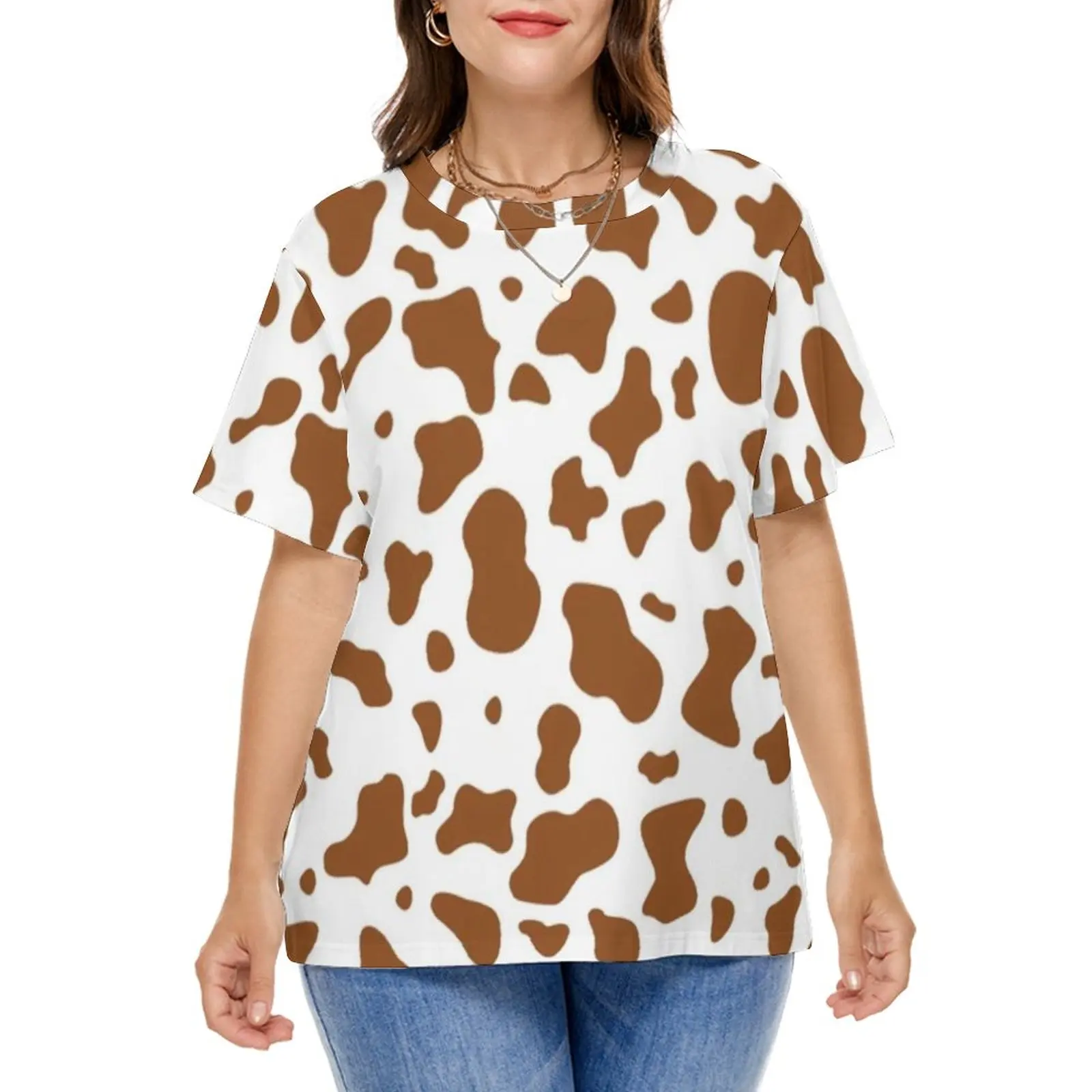 Brown Cow Print Pattern T-Shirt Aesthetic Mooo Animal T-Shirts Short-Sleeve Tshirt Women Streetwear Top Tees Plus Size 4XL 5XL