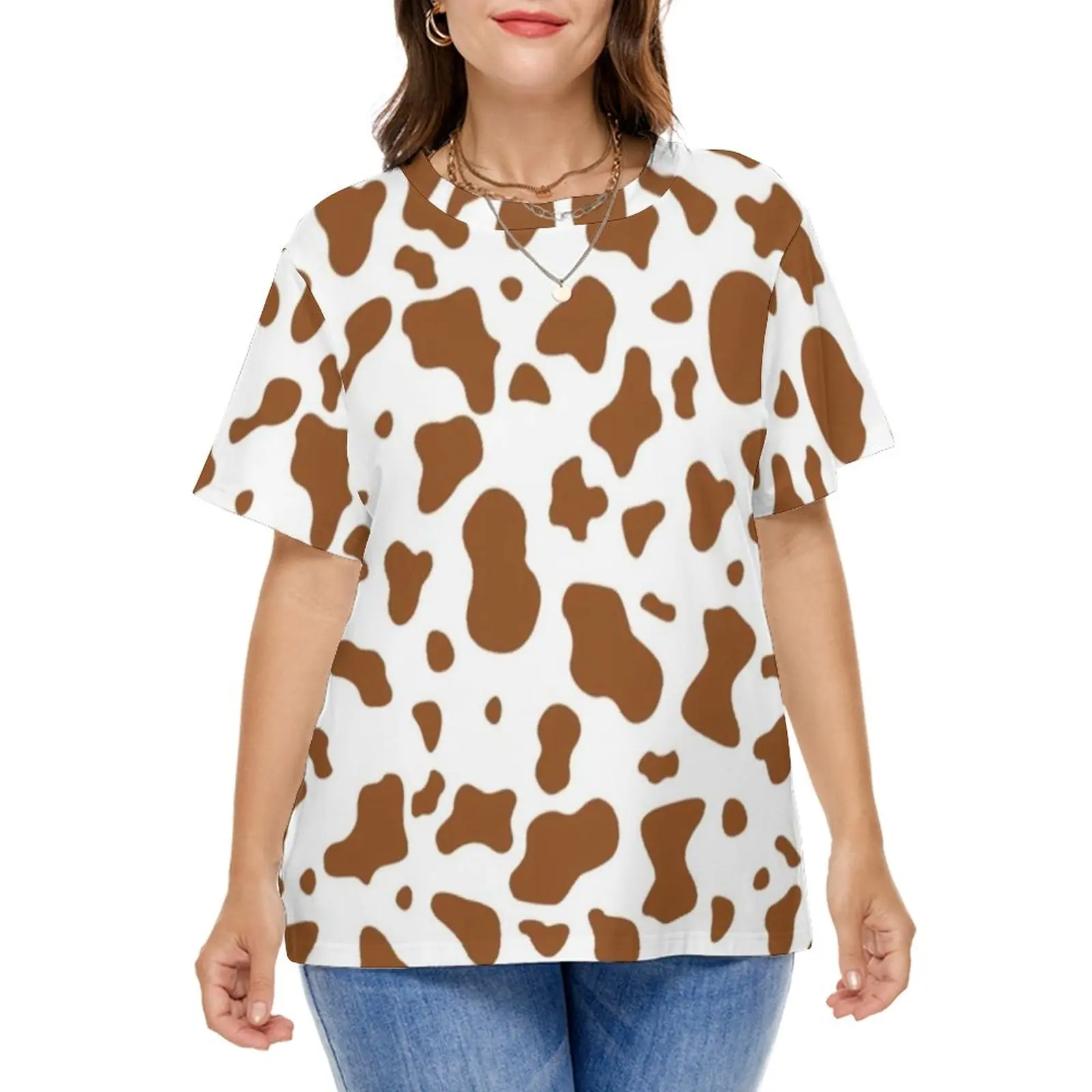 

Brown Cow Print Pattern T-Shirt Aesthetic Mooo Animal T-Shirts Short-Sleeve Tshirt Women Streetwear Top Tees Plus Size 4XL 5XL