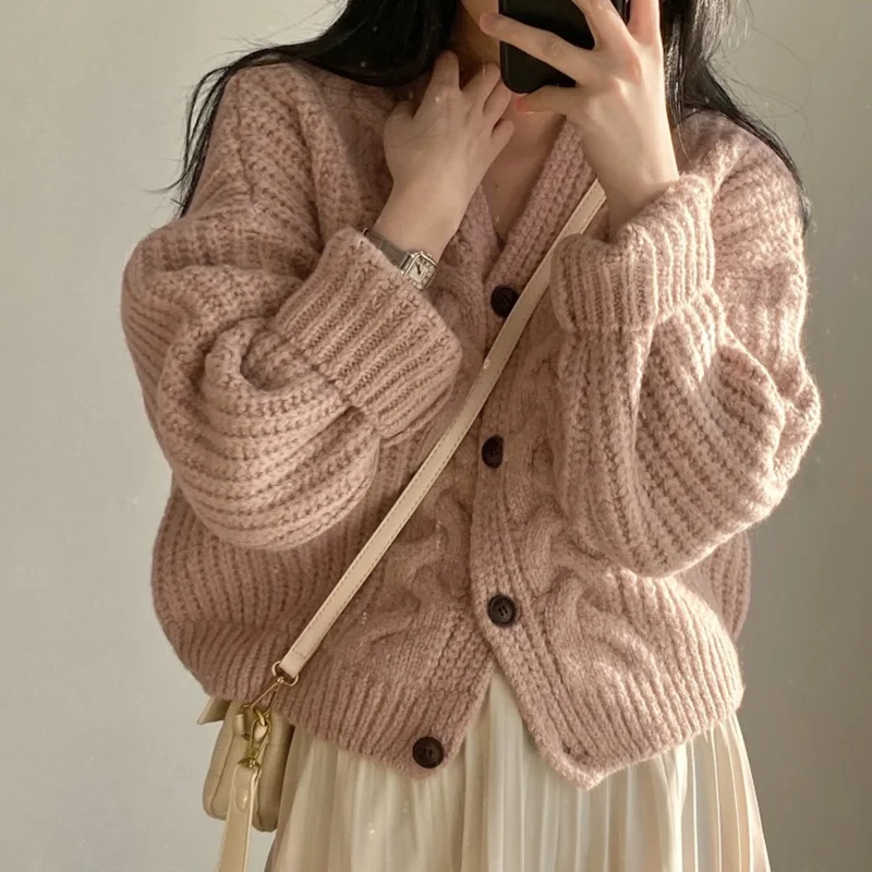 

Retro V-neck Fashion Twist Sweater Jacket Women's Autumn and Winter New Versatile Soft Waxy Knitted Cardigan Korean Cashmere Top