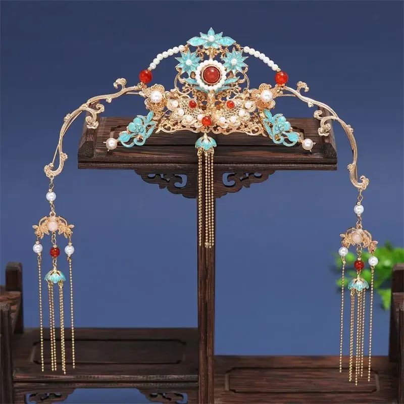 Женские синие цветы с металлической бахромой корона для волос китайский