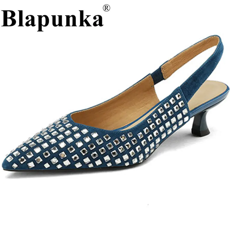 

Blapunka Sparky Crystal Embellish Pumps Women's Handmade Sheep Suede Leather Medium Heels Shoes Ladies Spring Slingback Pumps 42
