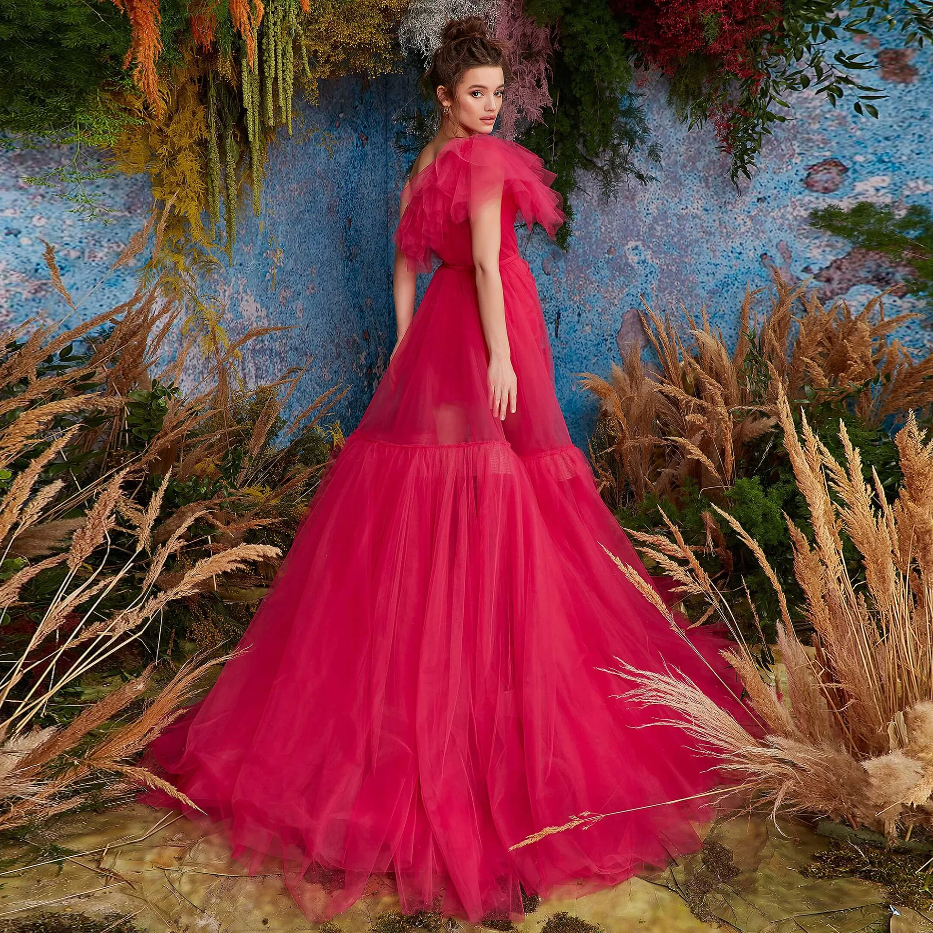 Red Women Prom Dress 2023 New Tulle Neck Rose Sleeveless Puffy Flower A-Line Ball Gown Ladies Elegant Evening Party Wedding