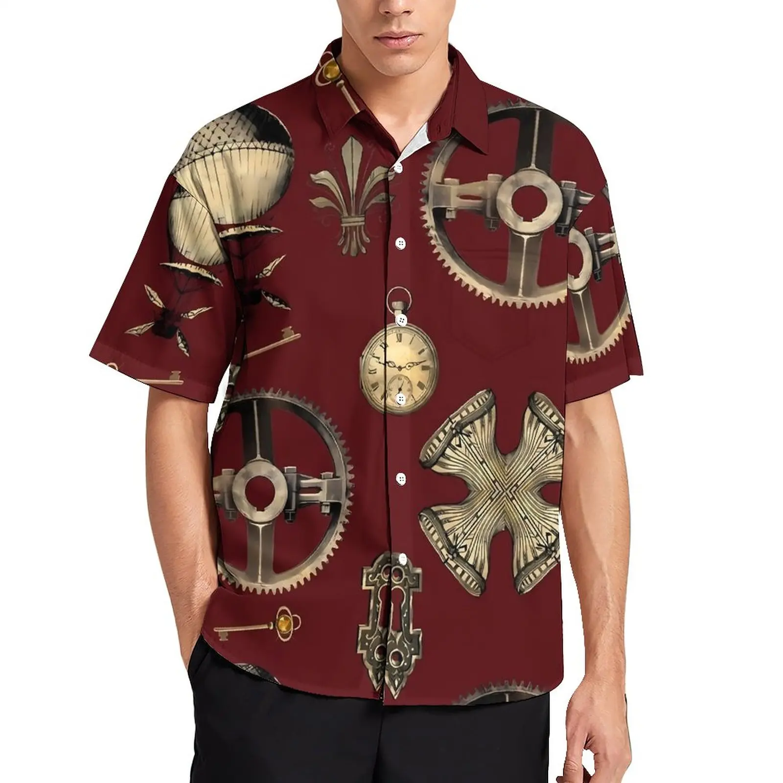 

Steampunk Blouses Mens Gear And Watch Print Casual Shirts Summer Short-Sleeved Design Fashion Oversize Beach Shirt Gift