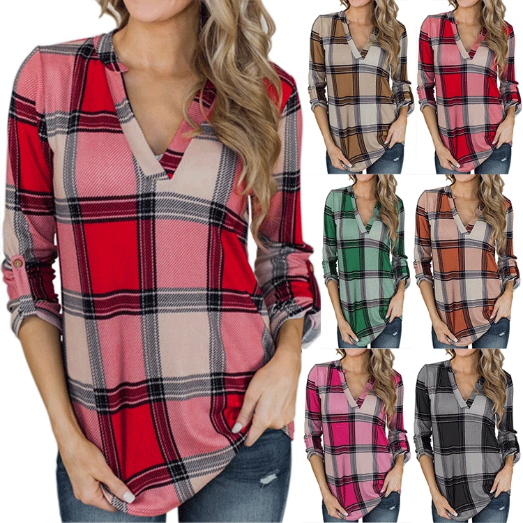 Spring And Autumn New V-neck Long Sleeve Plaid Printed Casual Loose Top T-shirt Women Shirt Womens Tops And Blouses