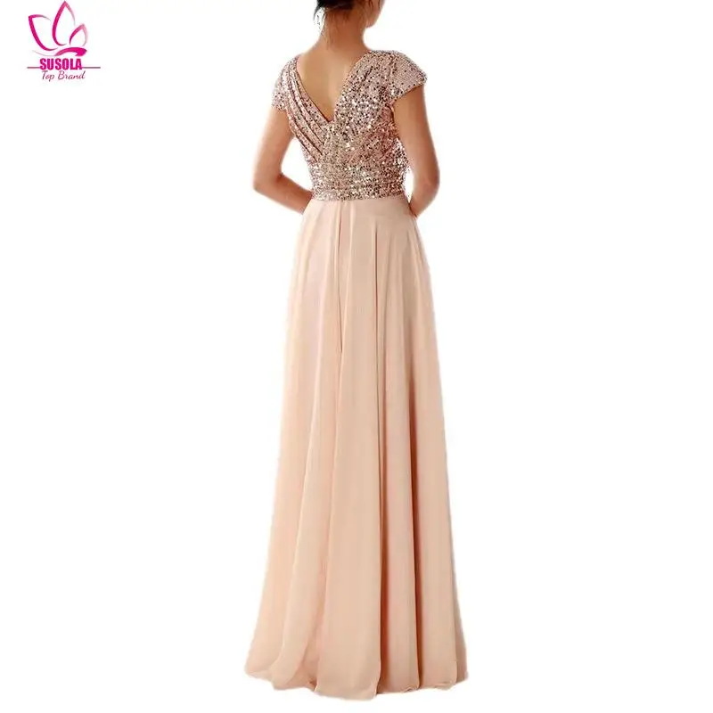 Вечернее платье с V-образным вырезом и золотыми блестками макси-платья длиной до