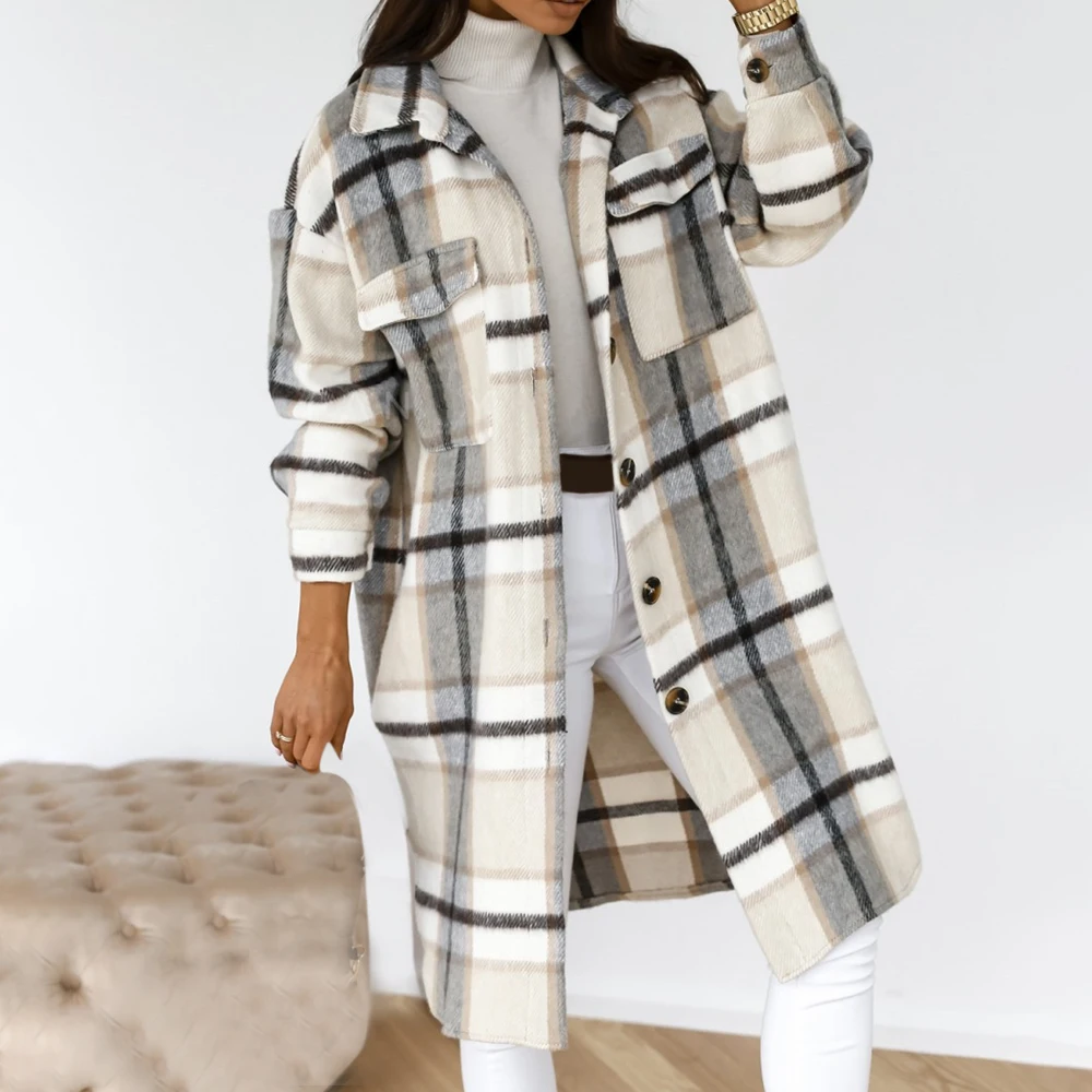 

2023 Winter Checked Women Jacket Oversize Long Coat Warm Plaid Thick Woolen Blends Female Casual Streetwear Windbreaker Outfits