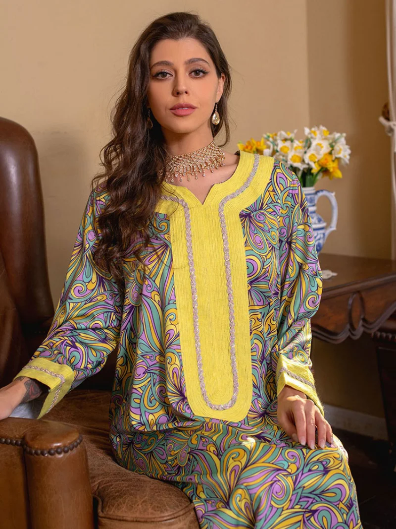 Printed Abaya Arabic Long Dress for Women Diamonds Loose Muslim Moroccan Kaftan Gulf Jalabiya Evening Gowns Ramadan Eid Dresses
