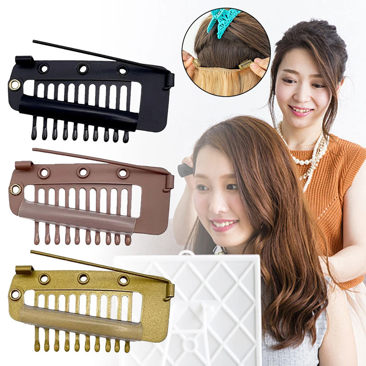 

3.7cm 10-teeth Hair Extension Clips Wig Clips Combs Snap Clips With Rubber For Hair Extension U Shape Clip DIY