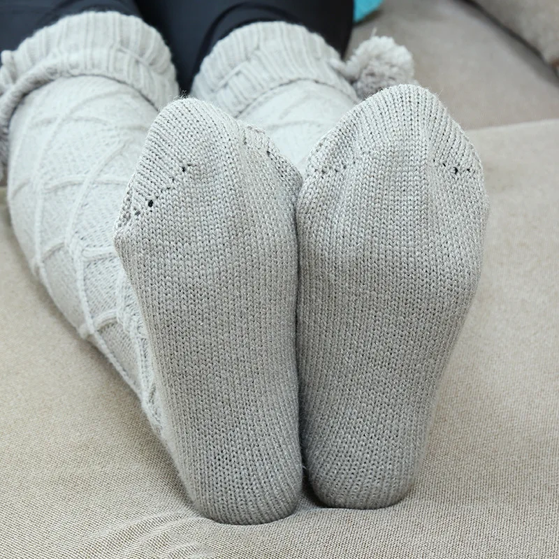 2022 Korean over knee knitted Stockings women's fashion wool ball high socks winter warm breathable solid color wool pile socks