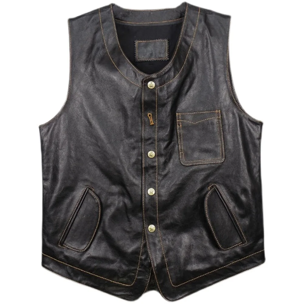 

Cowhide Mens Vest Jacket Waistcoat Real Leather Plus Size 5XL Summer Sleeveless Tooling Coat Vest For Man Vintage Streetwear