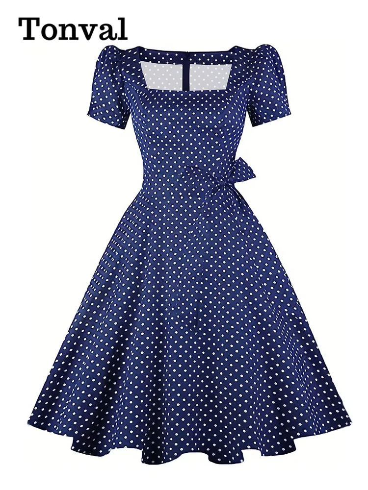 

Женское винтажное платье в горошек Tonval, голубое платье миди с квадратным вырезом и пышными рукавами, платье с поясом и принтом в стиле 50-х пинап, 3XL, 4XL