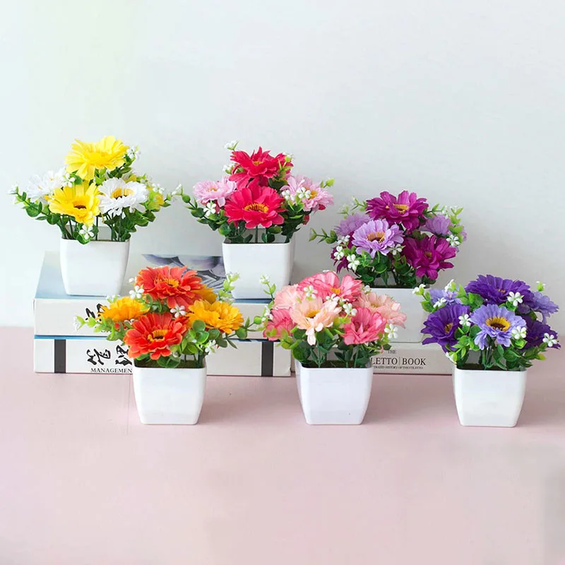 

Artificial Rose Chrysanthemum Bonsai Potted Plant Landscape Home Floral Decor Artificial Flowers Bright Color Fake Plants Potted