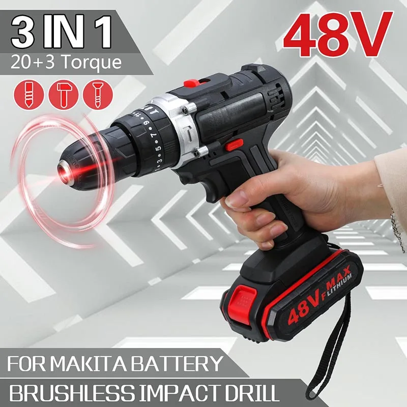 

48VF Electric Drill Impact Drill Cordless Screwdriver Wireless Power Driver Lithium Battery Wrench Wireless Drill Set