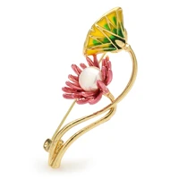 wulibaby enamel lotus brooches for women unisex 2 color pearl new flower party casual brooch pin gifts
